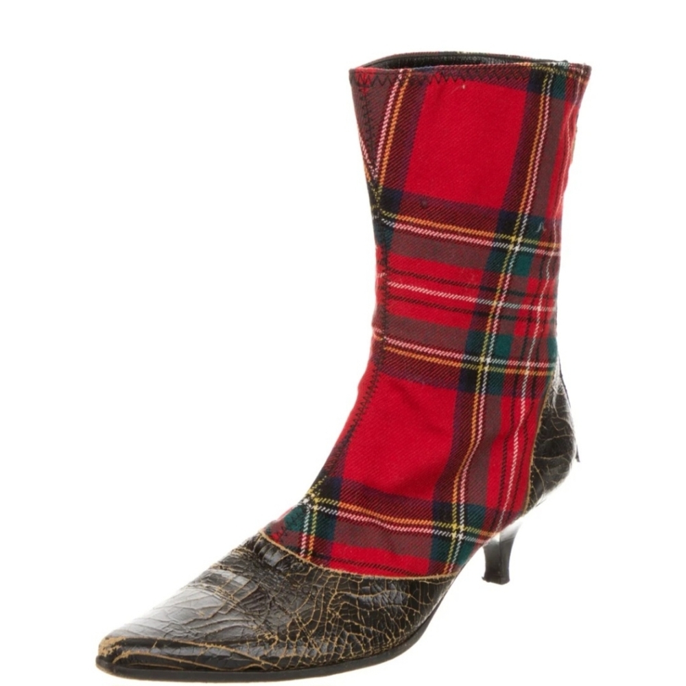 Miu Miu Red and Black Plaid Heeled Boots